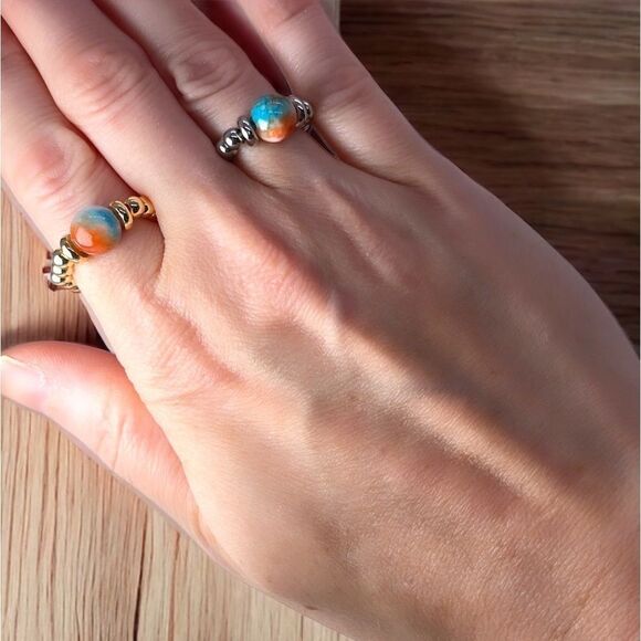NWT Wool + Pepper Co. Blue Orange Jade Beaded Ring with Silver or Gold - Picture 3 of 5